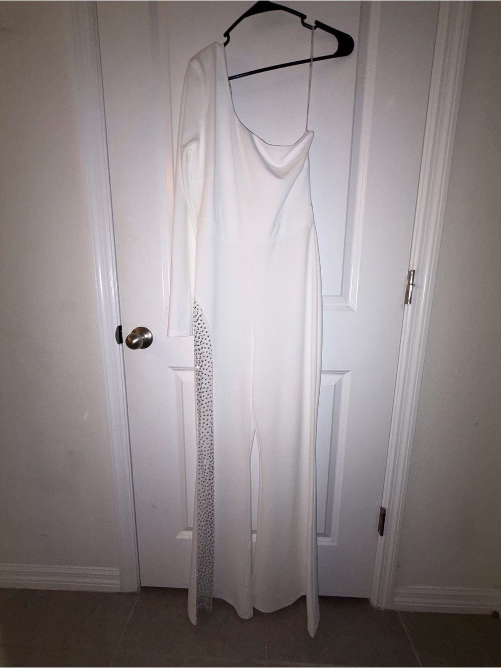 Symphony White One-Shoulder Jumpsuit with Embellished Side Panel